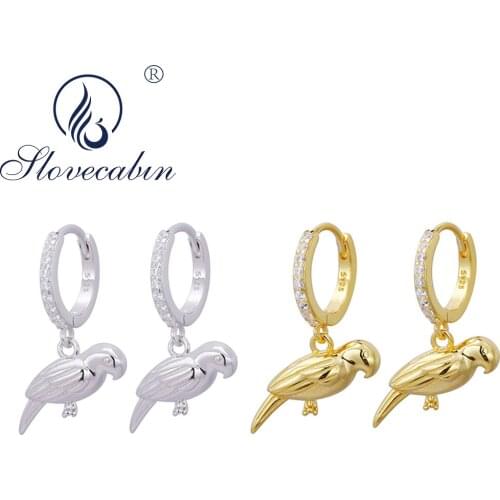 Slovecabin 925 Sterling Silver Cute Bird Animal Huggies Hoop Earring For Women Wedding Clear CZ Luxury Femme Jewelry Accessories