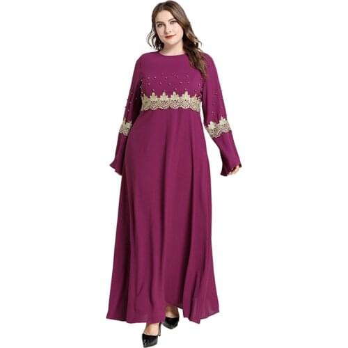 Plus Size Abaya Dubai Caftan Dress Women Summer Long Sleeve Beading Lace Patchwork Casual Dress Loose Oversized Islamic Clothing