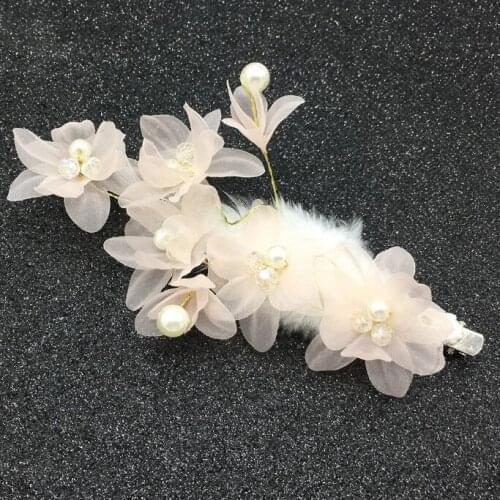 Women Hair Decoration Bridal Head Pink White Flower Yarn Fabric Color Flower Pearl Beads Hairpin Wedding Headdress Hair Clip