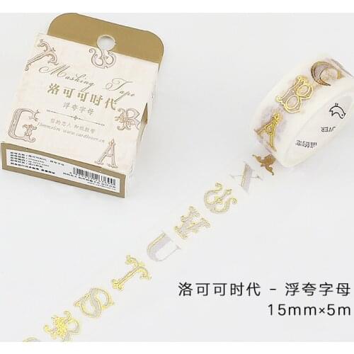 15mm Wide Retro Gold English Art Letter Gilding Rococo Decoration Washi Tape DIY Planner Diary Scrapbooking Masking Tape Escolar