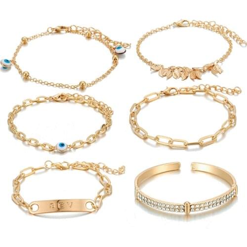 6 Pcs/Set Rhinestone Alloy Eye Leaves Charm Bracelets for Women Gold Color 2020 Fashion Jewelry Hand Chains Female New