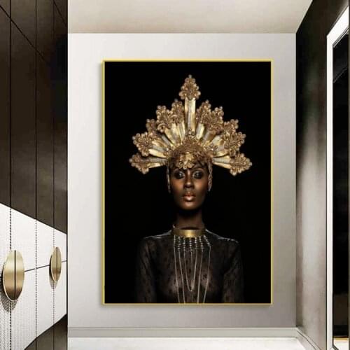 Abstract Gold Crown African Woman Oil Paintings on Canvas Wall Art Posters and Prints Scandinavian Cuadros for Living Room Decor