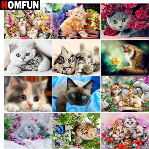 HOMFUN 5D DIY Full Diamond Embroidery "Cat animal pet" Diamond Painting Cross Stitch Rhinestone Home Decoration