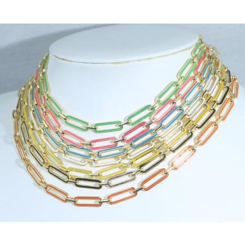 Rainbow Summer Fashion Jewelry 7 Colors Neon Enamel Paper Clip Chain Choker Necklace Gold Color