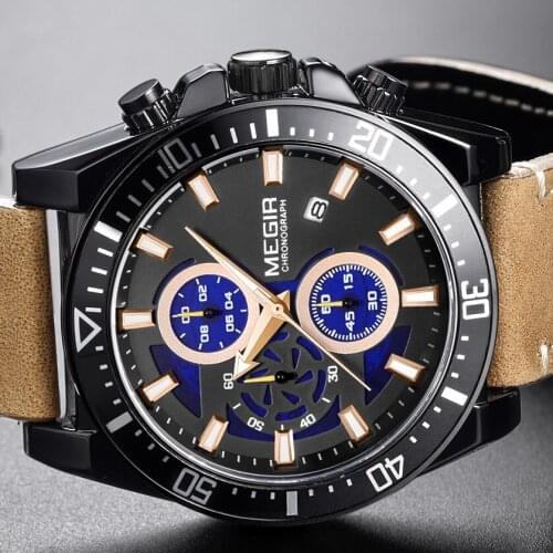 MEGIR Men Big Dial Chronograph Watches Leather Strap Sport Army Military Male Watch Quartz Wristwatch Clock Relogio Masculino