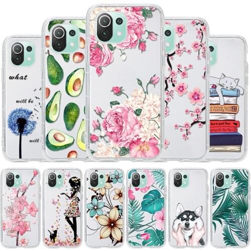 6.55" For Xiaomi Mi 11 Lite Case Soft Silicone Airbag Cover For Xiaomi Mi11 Mi 11Lite 11i Case Flower Leaf Avocado Pattern Coque