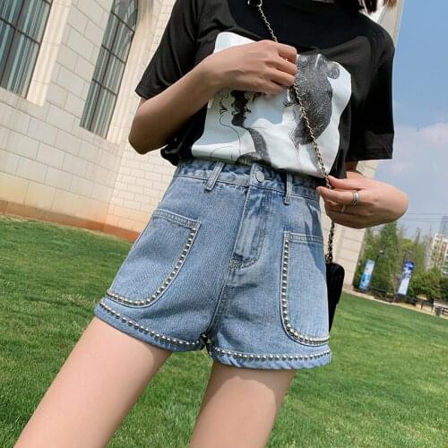Plus Size Rivet Denim Shorts for Women High Waist Solid Female Blue Jean Shorts Skirt 2020 Summer Fashion Casual Ladies Shorts