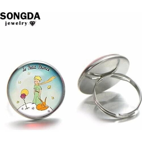 SONGDA Fashion The Little Prince with Fox Rose Moon Star Ring Fairy Tale Cartoon Printed Silver Plated Glass Dome Children Ring
