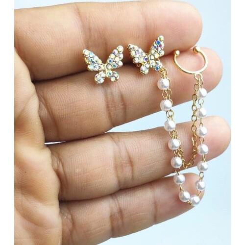 Korean Fashion Crystal Butterfly Earrings Unique Design Long Chain Pearl Ear Clip for Women Vintage Jewelry Boucle Oreille Femme