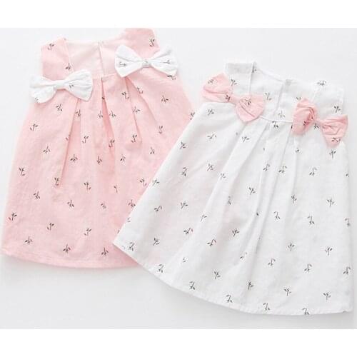 Korean girl dress summer sleeveless solid color shoulder bow flower print suspender dress small fresh clothes платье летнее 50