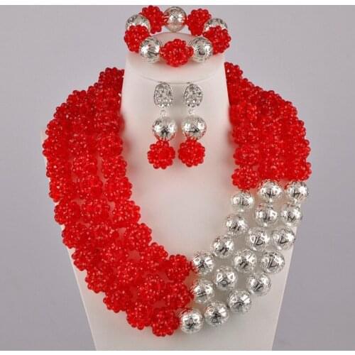Red Crystal Ball Beaded Nigerian Beads Jewelry Set African Wedding Beads Necklace Sets