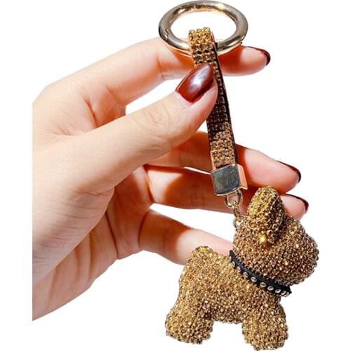 Cute Rhinestone Bulldog Puppy Keychain Crystal Dog Key Chains Ring Holder Purse Handbag Pendant Charm Gifts WXV Sale