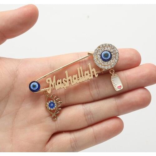 Fashion Islam Muslim Mashallah Turkish Evil Eye Stainless Steel Brooch Baby Feeder Pin Jewelry