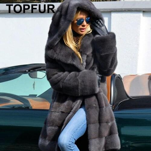 TOPFUR Fashion Dark Gray Coat With Fur Hood Real Fur Coat Women Winter Natural Mink Fur Coat Medium Long Standard Clothing