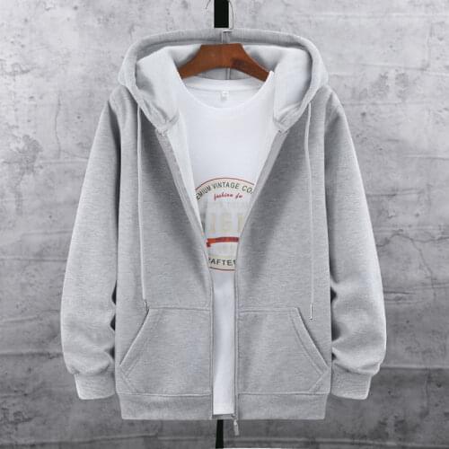 Autumn and Winter Mens Cotton Hooded Zipper Cardigan Large Loose Solid Color Fashion Hoodie Fleece-Lined Warm