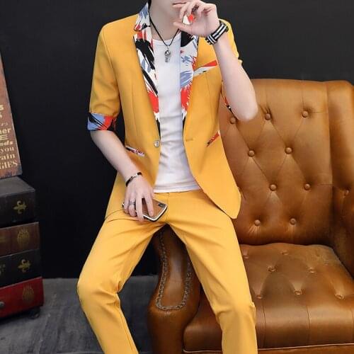 New Summer Mens Half Sleeve Short Jacket Floral Collar Pants 2pcs Male Suits Set Hairstylist Thin Style One Button F16