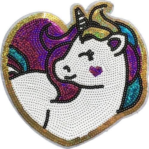 New Hearted Unicorn Sequined Patches Iron on Clothes Patch DIY Embroidered Applique Decoration Stickers Accessories