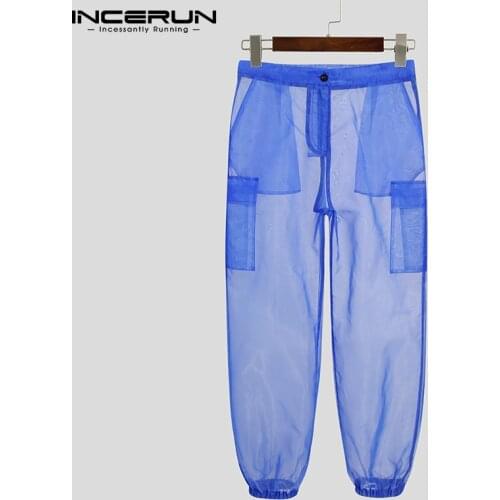 Solid Color Men Pants Mesh Button 2021 Sexy See Through Casual Trousers Vacation Breathable Pockets Pantalones Hombre INCERUN
