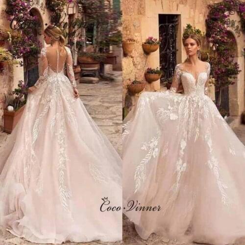 Full Sleeves Illusion Back America and Europe New Wedding Dress 2021 A line Lace Appliques Sweept Train Bride Dresses W0691