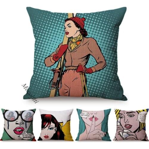 Pop Art Throw Pillow Case Colorful Home Decoration Car Sofa Square Cushion Cover Woman Girl Retro Skier Cotton Linen Kussenhoes