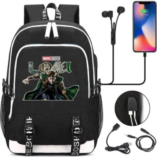 Loki Backpacks Black Bookbag Cartoon School Bags for Teenage Kids Travel Bagpack USB Laptop Shoulder Bags