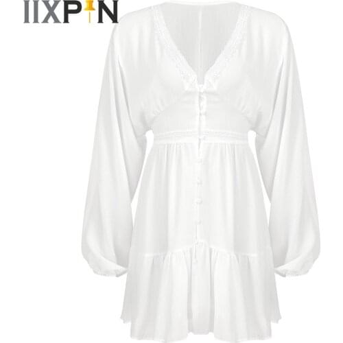Sexy Plunge V Neck Womens Summer Dress White Lace Long Sleeve Mini Wedding Party Dress Ruffle Elegant Women Dresses Vestidos