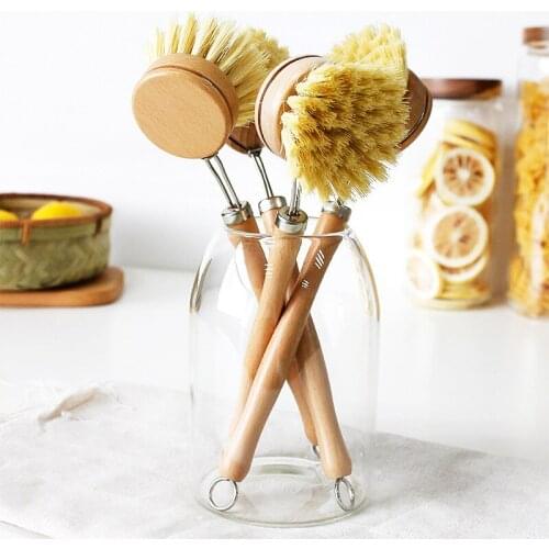 Sisal Hemp Pot Brush Beech Wood Long Handle Brush Dish Brush Plate Brush Wood Handle Cleaning Brush Kitchen Cleaning Tools