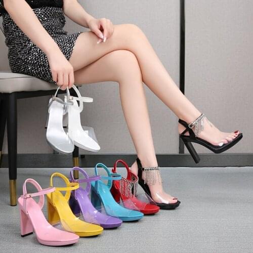 Shuzumia Women Shoes Waterproof Platform Sandals 2020 Summer Fashion Simple Transparent Square Heel High Heels11cm Catwalk Shoes