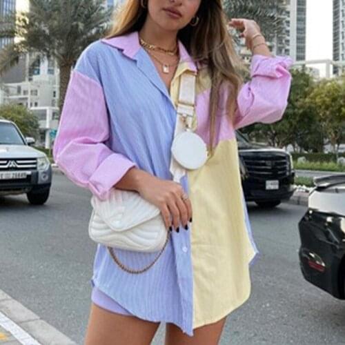 Striped Patchwork Color Womens Shirt Loose Irregular Short Front And Long Back Womens shirts 2021 Autumn Boyfriend Style Top