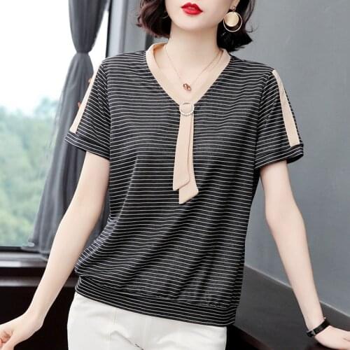 Women Striped Printed Spring Summer Style Short Sleeve Blouses Shirts Lady Casual Blusas Tops