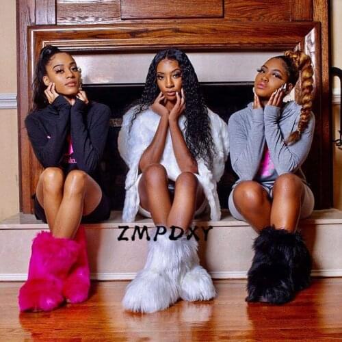 Ladies Winter Rain Snow Boots Woman Faux Fox Fur platform Boots Plush Mujer Shoes Female Fluffy Stripe Furry Slippers Home Shoes