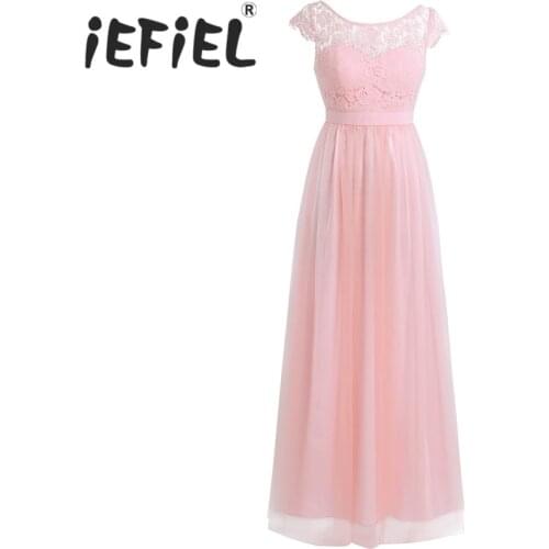 IEFiEL Elegant Sleeveless Bridesmaid Women Ladies Dresses Long Chiffon Wedding Party Formal Tulle Ball Gowns Floor Length Dress