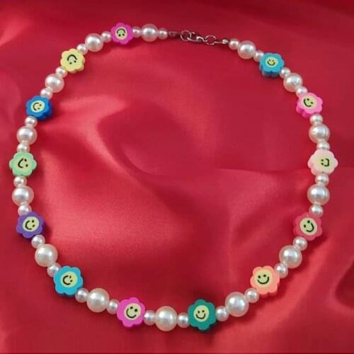 8090s Aesthetic Rainbow Flower Smiley Necklace For Women Pearl Fashion Harajuku Vintage Necklace Charms Y2K Jewelry Gift New