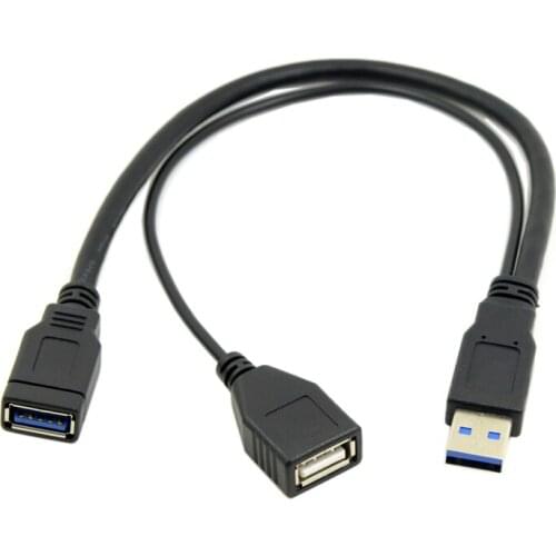 Black USB 3.0 Male to Dual USB Female Extra Power Data Y Extension Cable for 2.5" Mobile Hard Disk