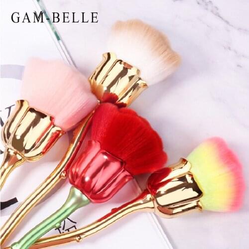 GAM-BELLE Blooming Mirror Glitter Handle Polish Picker Manicure Clean Soft Brush Dust Powder Removal Rose Flower Nail Art Tools
