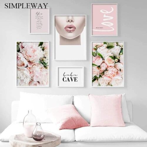 Babe Cave Beauty Salon Decoration Fashion Poster Pink Peony Flower Canvas Wall Art Print Love Quotes Painting Decorative Picture
