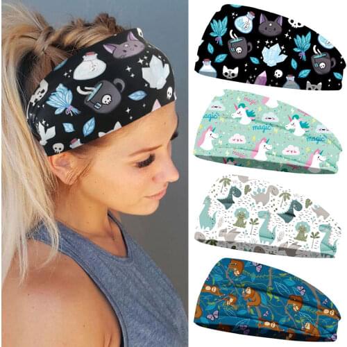 Cartoon Unicorn / Sloth / Cat / Dinosaur / Dog Print Headband Women Running Headwear Elasitc Hairbands Gym Fitness Hair Band