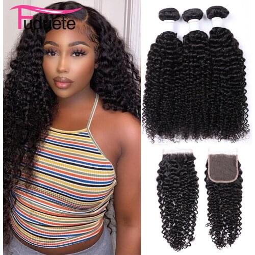 Fuduete Curly Bundles With Closure Peruvian Human Hair Bundles With Frontal Natural Remy Hair Extensions 3 Bundles With Closure