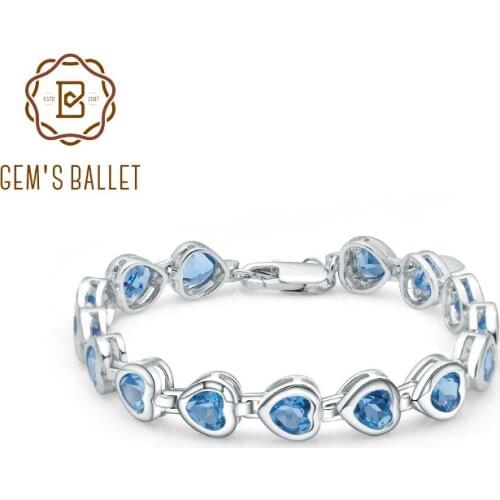 GEMS BALLET 6x6mm Heart Natural Swiss Blue Topaz Chain Link Bracelet Pure 100% 925 Sterling Silver Fashion Jewelry For Women