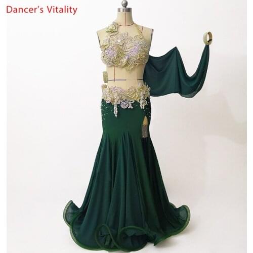 Belly Dance Competition Outfits Customized Bra Ribbon Skirt Belt Set Oriental Indian Drum Dancing Stage Performance Costume