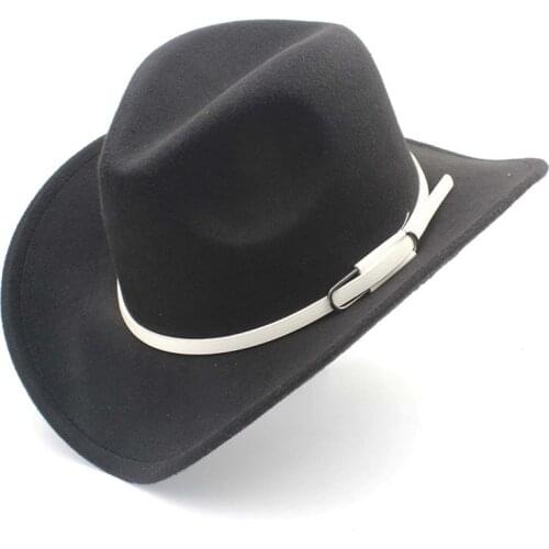 Fashion Wool Women Men Western Cowboy Hat Roll-up Wide Brim Felt Cowgirl Jazz Godfather Sombrero Cap With White Belt K40