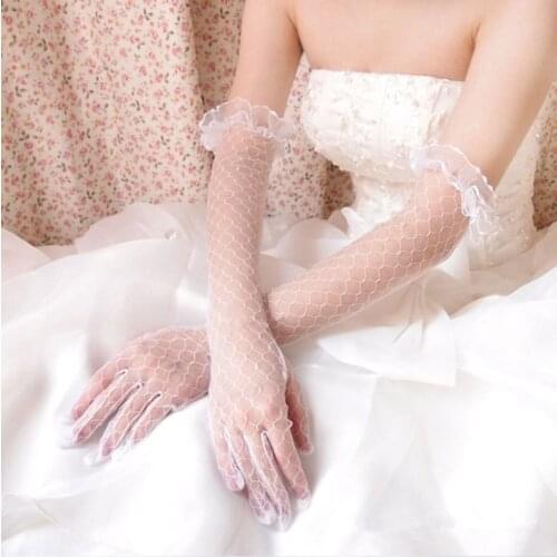 Fashion Long Gloves Elegant Tulle Women Full Finger Mittens Bride Wedding White Ivory Red Pink Golves