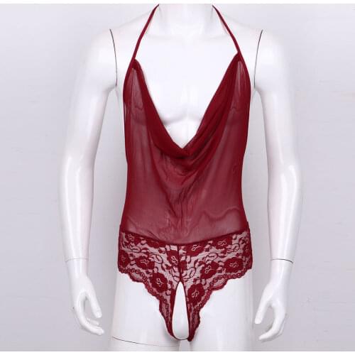 Mens Lingerie Teddies Halter Lace-up Mesh See-through Exotic Babydoll Gay Sissy Man Nightwear Sleepwear Sexy Clubwear Costumes