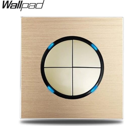 Wallpad Gold L6 4 Gang Light Switch 1 Way 2 Way Brushed Gold Aluminum Metal Plate Push Return Button Blue LED Indicator