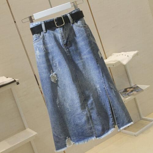 New Denim Skirts Summer Autumn Plus Size Versatile Slit A-Line Long Skirt High Waist Slimming Washed Holes Jeans Skirts Tailored