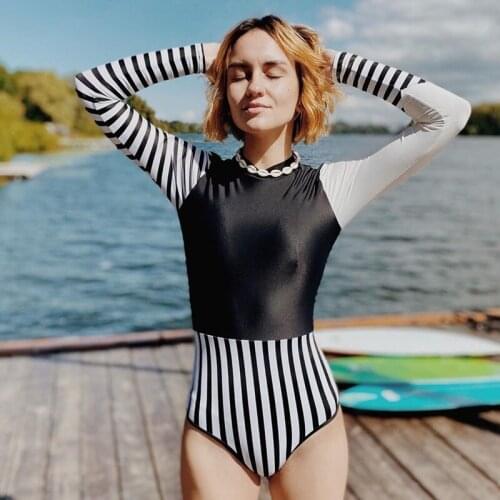 New Long Sleeve Rash Guard 2021 Women Striped One Piece Swimsuit Push Up Swimwear High Cut Bathing Suits High Neck Surfing Suits