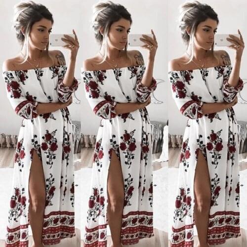 Women Sexy Off Shoulder Half Sleeve Floral Print Maxi Boho Long Dress Beach Cocktail Party Dress Womens Slash Neck Long Dresses