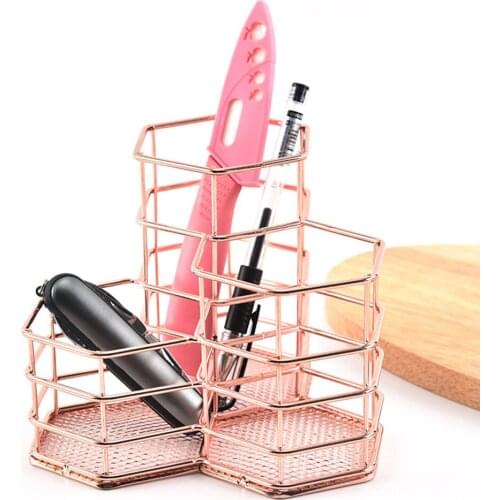 Hexagonal Shaped Iron Hollow Makeup Brush Rack Rose Gold 3 Grids Cosmetic Tools Brush Backet Holder Makeup Tools Organizer