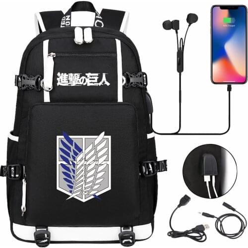 Attack on Titan Wing Freedom Backpack Black Bookbag Cartoon School Bags for Teenage Kids Travel Bagpack USB Laptop Shoulder Bags