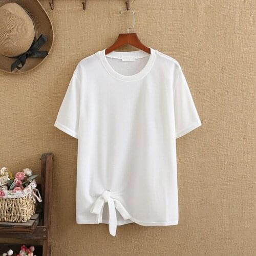 Plus Size T Shirts Summer Tops O-Neck Thin Cotton Stretch Knitted Short Sleeve T Shirt Bow Tie Design Of Front Hem Right Side